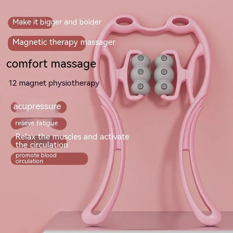 Magnetic therapy neck massager in plastic with twelve magnets, manual clip, blue colour option