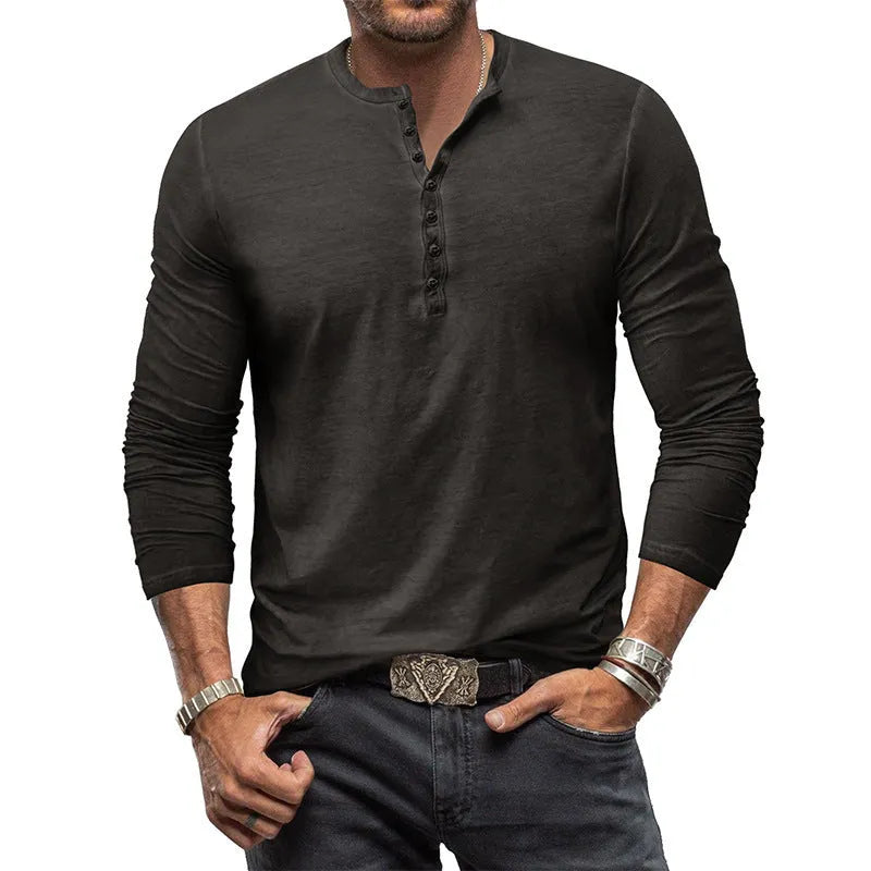 Cotton V-neck long sleeve men's T-shirt in seven colours, button washed finish, US sizes S-XXXL