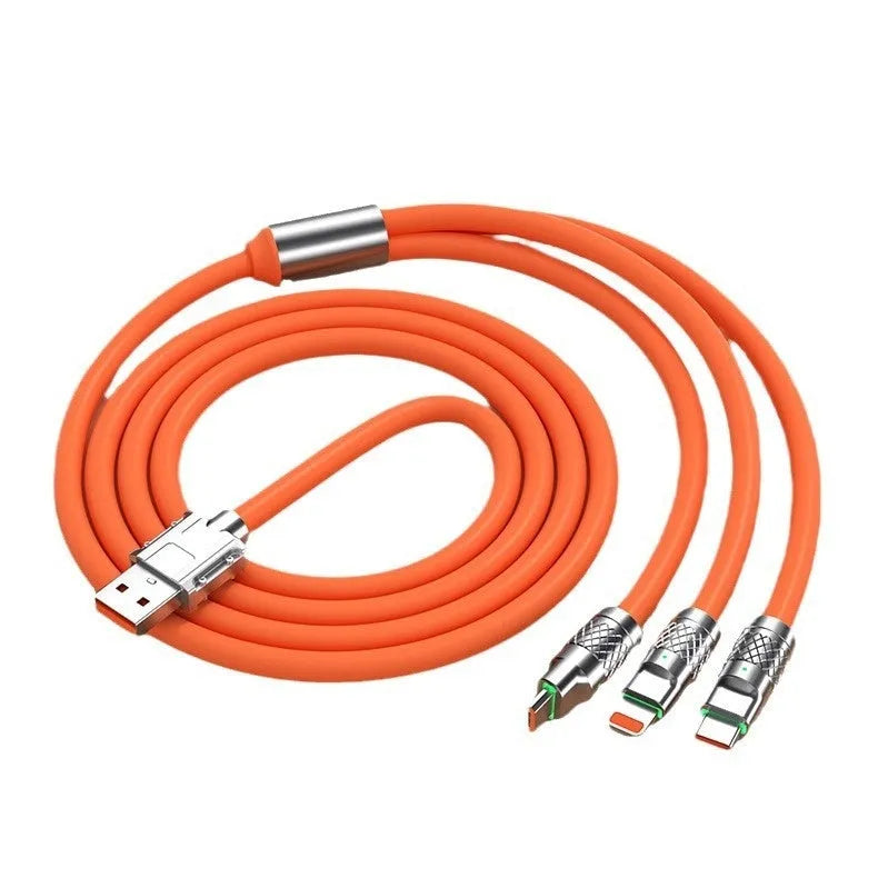 Universal charging cable with 120W super fast charge, zinc alloy connector, three interfaces, available in eight colours