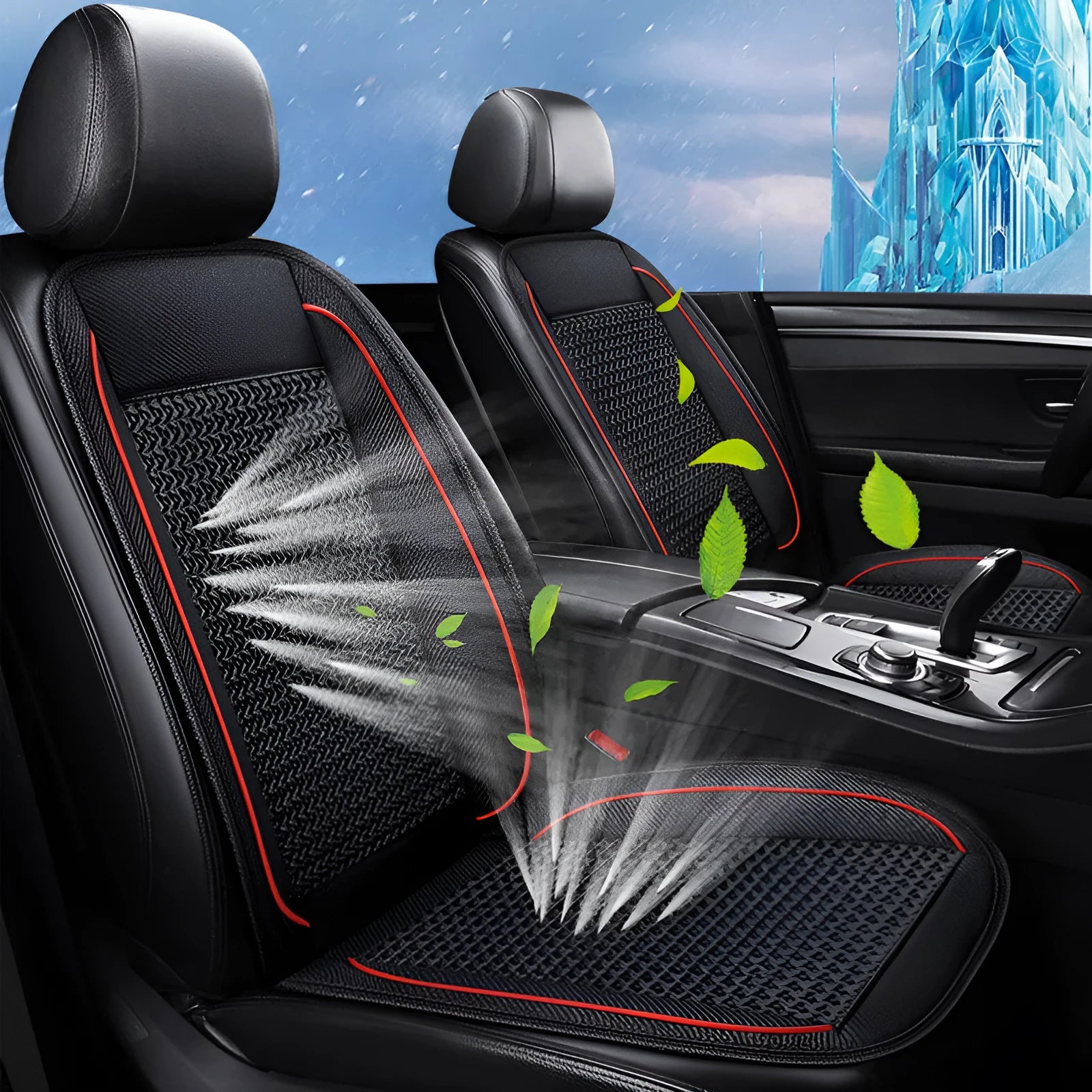 Square 60cm car ventilation seat cushion in black colour with power cord
