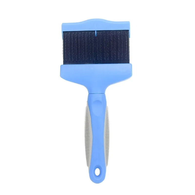Double-sided pet grooming brush with stainless steel pins and flexible rubber backing in blue colour