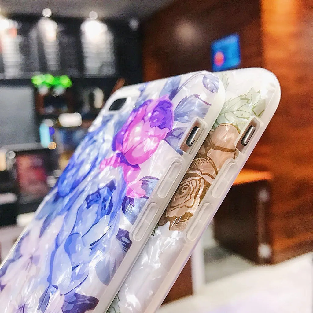Dream Shell soft TPU silicone iPhone case with rose flower design in brown, purple or white