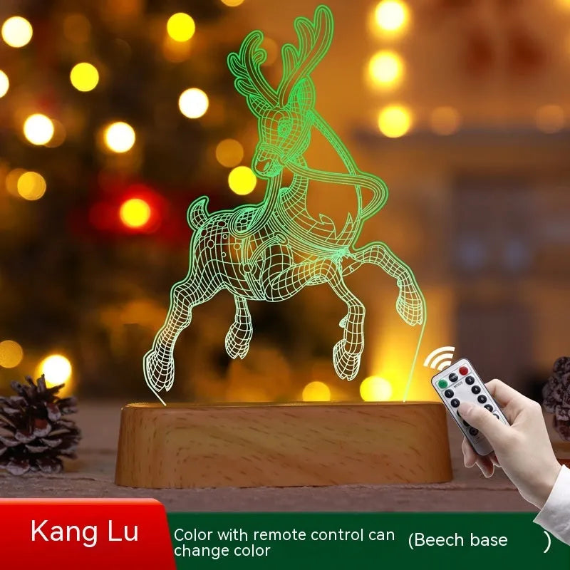 3D acrylic Christmas LED decorative night light showing a choice of festive designs like trees and reindeer.