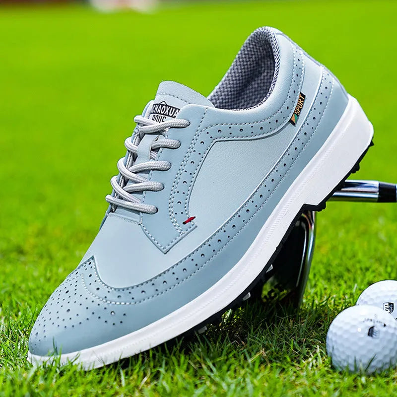Men's lightweight golf shoes in Lake Blue with a genuine leather upper and rubber outsole.