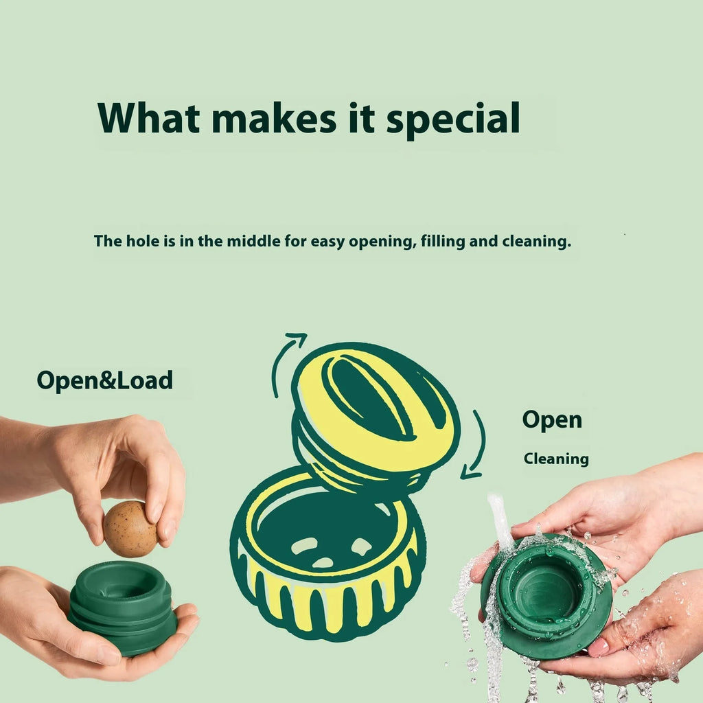 Green silicone slow feeder dog toy with ball and tray for slower eating and interactive play