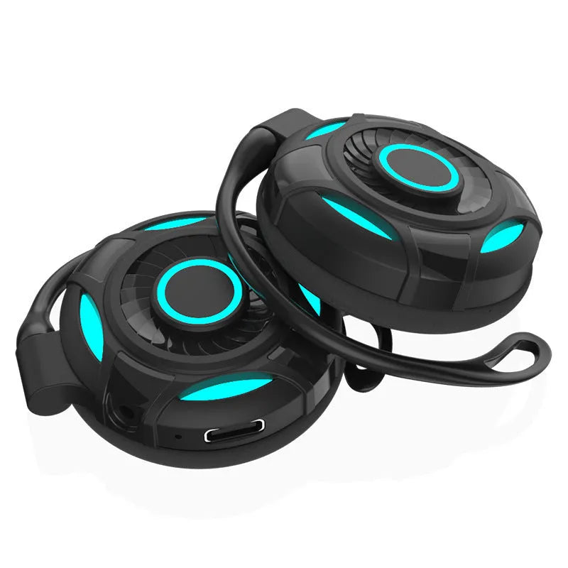 Black and white Bluetooth gaming earphones with over-ear hanging design and 10m wireless range