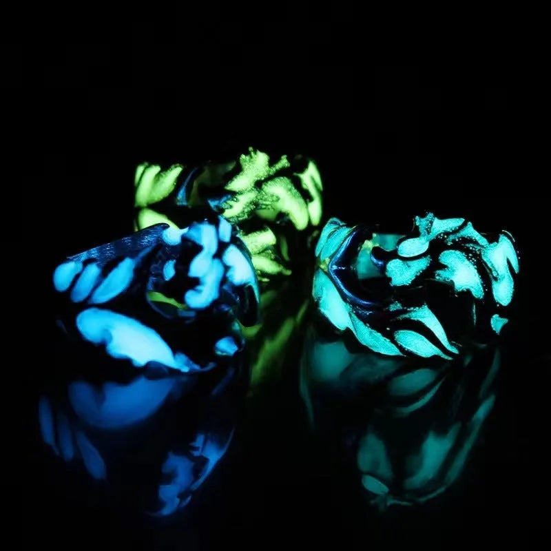 Adjustable Chinese dragon pattern ring in antique silver blue and green with luminous design