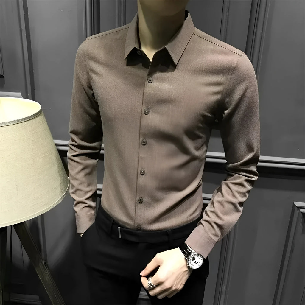 Men's long sleeve polyester shirt in black or coffee colour, loose fit, sizes M to 3XL, autumn winter casual top.