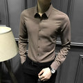 Men's long sleeve polyester shirt in black or coffee colour, loose fit, sizes M to 3XL, autumn winter casual top.