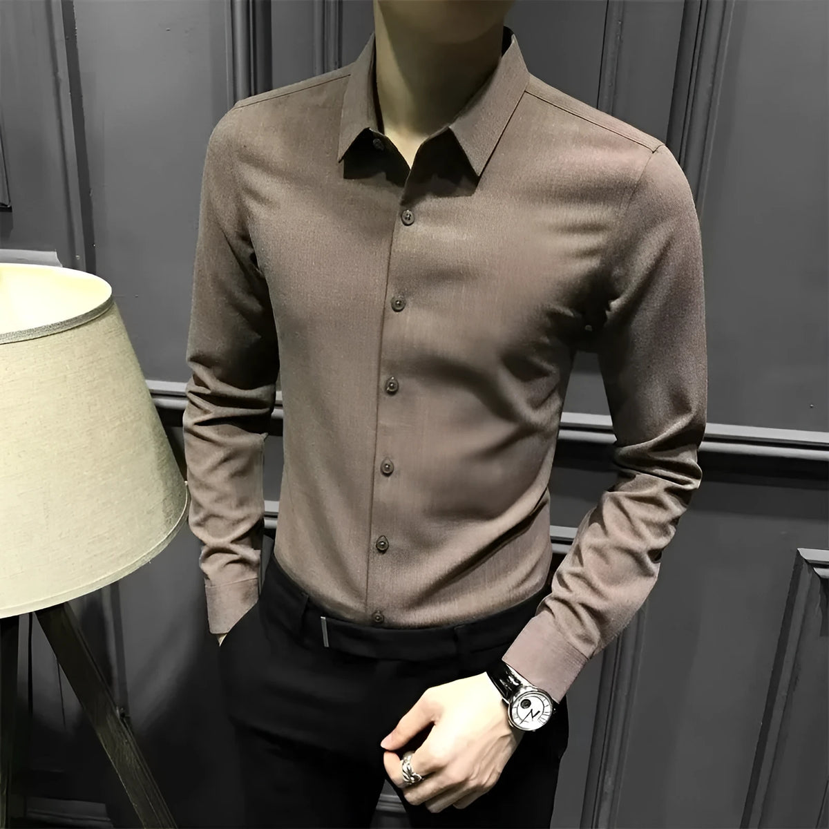 Men's long sleeve polyester shirt in black or coffee colour, loose fit, sizes M to 3XL, autumn winter casual top.