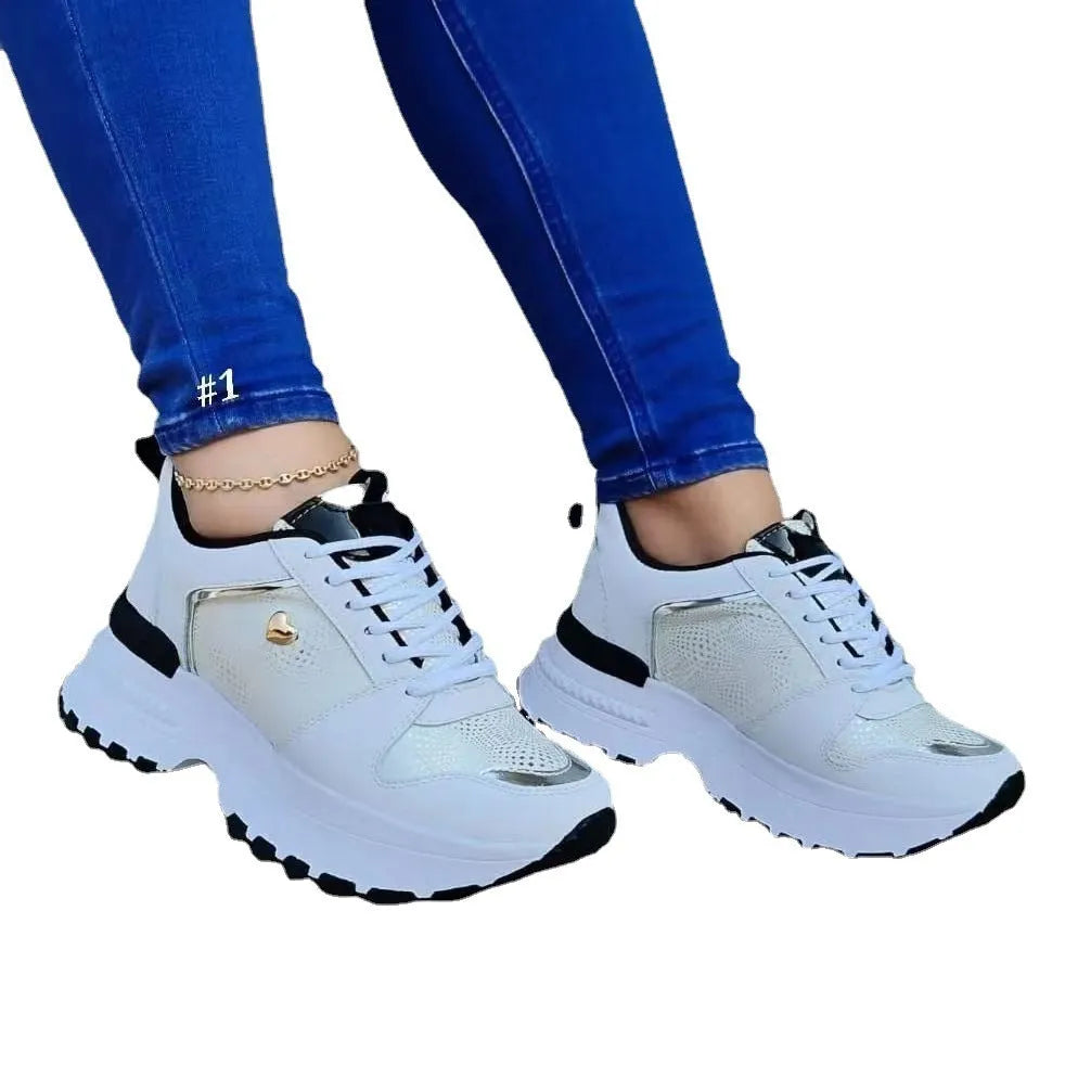 Women's heel lift sneakers with height increase, artificial PU upper, round toe, solid colour, available in black white pink apricot
