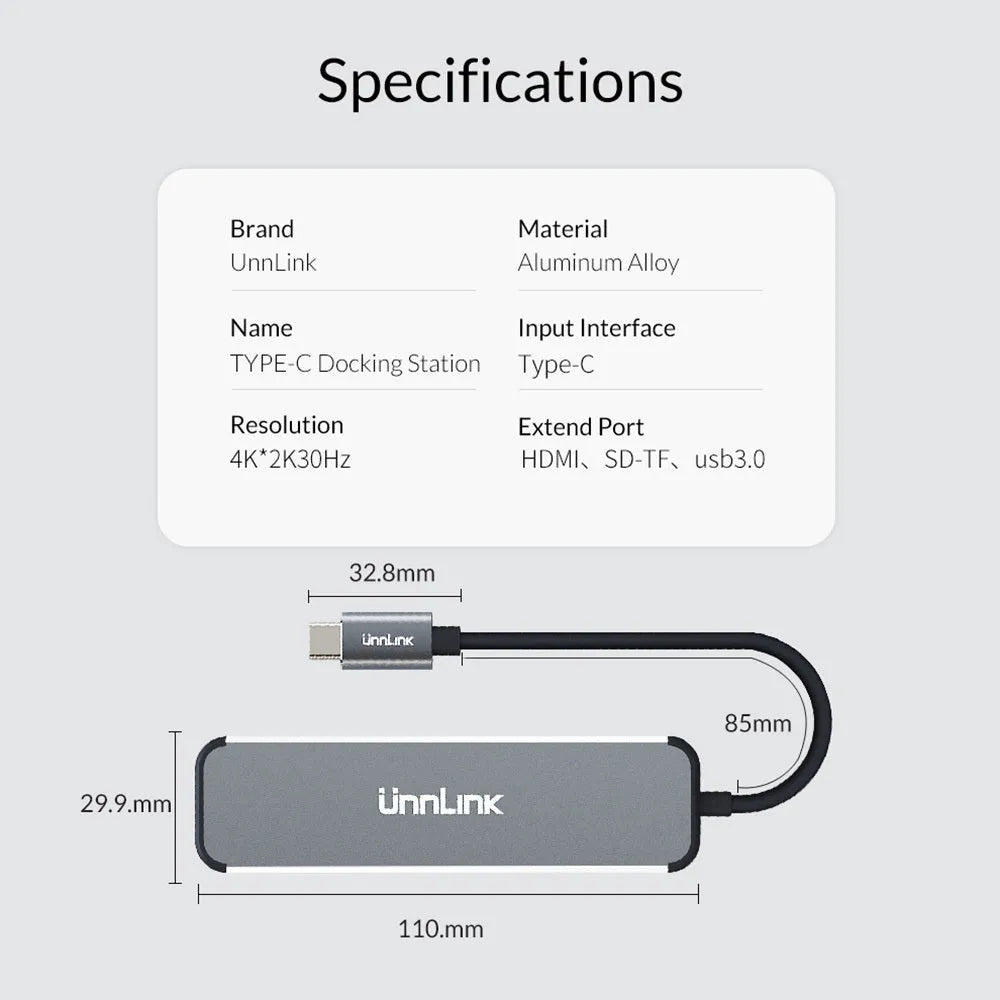 Silver aluminium alloy USB to HDMI adapter with Type-C input and HDMI, SD, TF, USB 3.0 ports