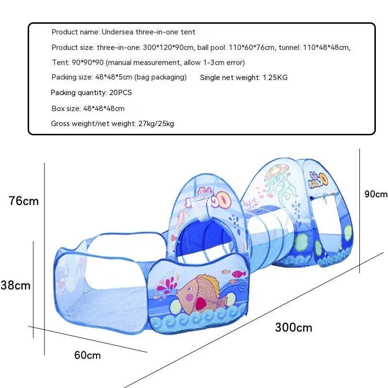 Children's three-in-one cloth play tent set with ball pool and tunnel in a cartoon marine or vehicle theme.