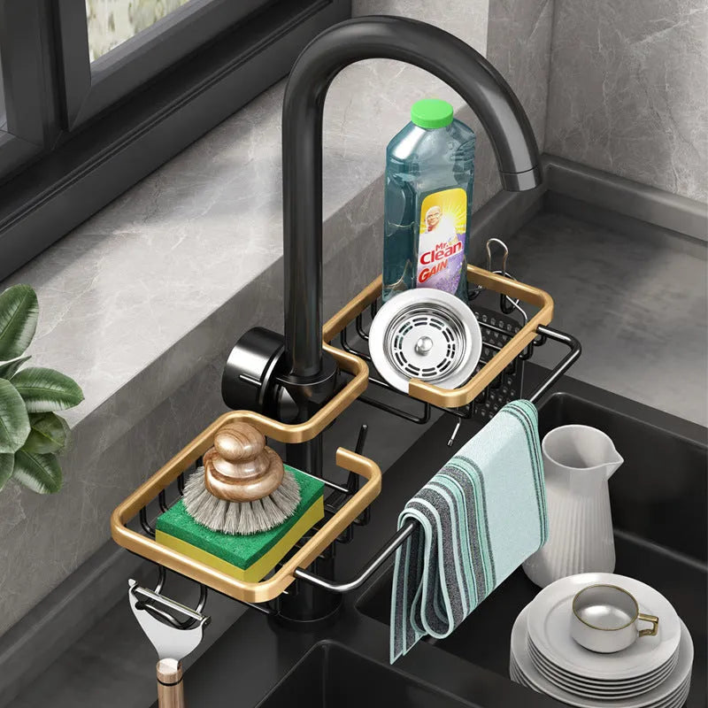 Kitchen faucet rack drain basket in space aluminium, single bar, installed on a silver tap over a sink