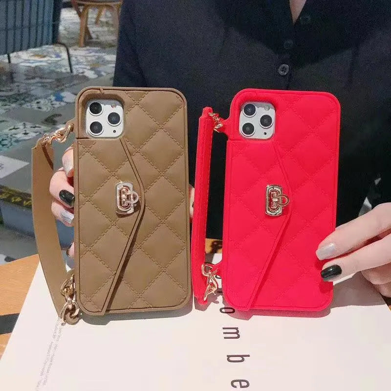 Luxury silicone iPhone case with pearl chain lanyard in various colours