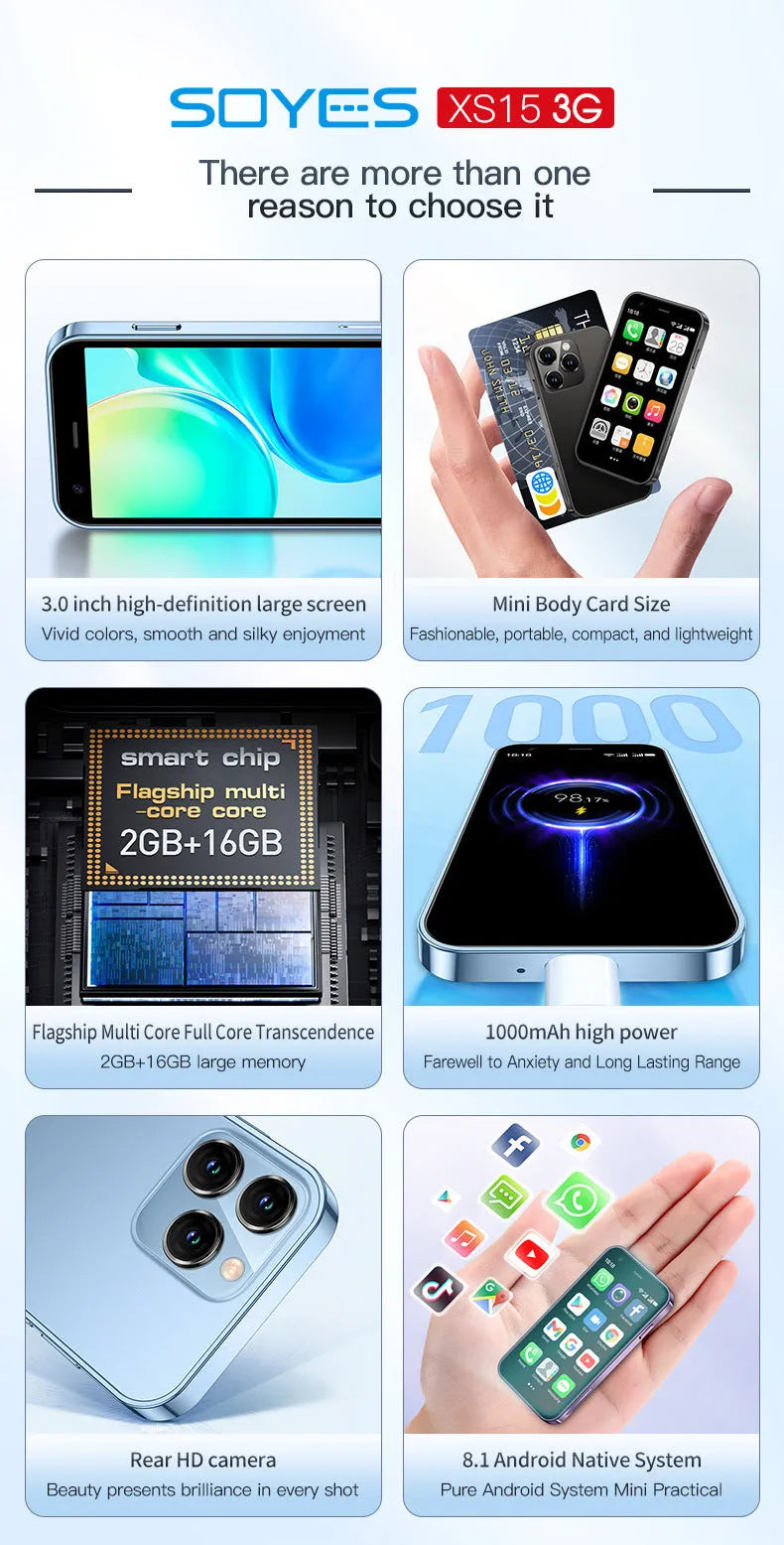 Mini smartphone with 30-inch screen in black, green, or pink purple colours showing straight plate design