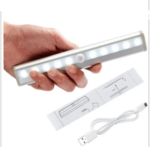 Ultra-thin aluminium alloy LED sensor light, 190x30x16mm, with infrared motion detection for cabinet or wardrobe use, white light option