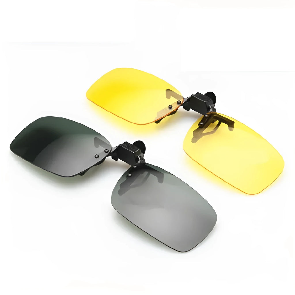 Clip-on driving sunglasses with night vision, dark green, and grey lens options in large and small PC frames.