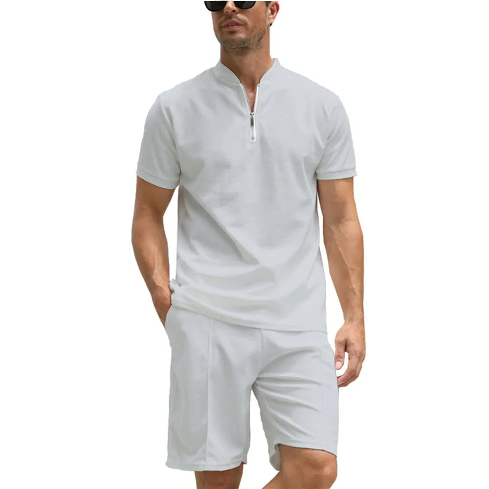 Men's solid colour two-piece polo shirt suit set with short sleeves and matching trousers