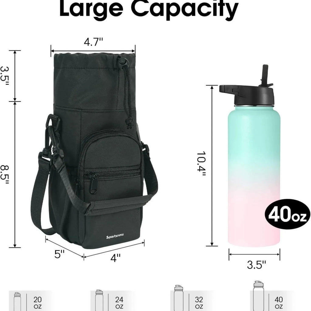 Canvas water bottle shoulder pouch with crossbody strap in black, green, and pink colour options