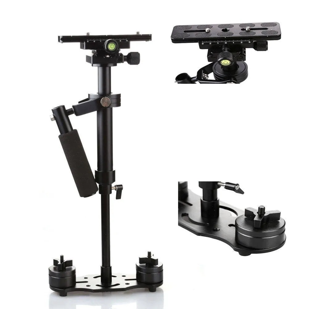Black aluminium handheld camera stabilizer S40 S60 shown with adjustable height and comfortable grip.