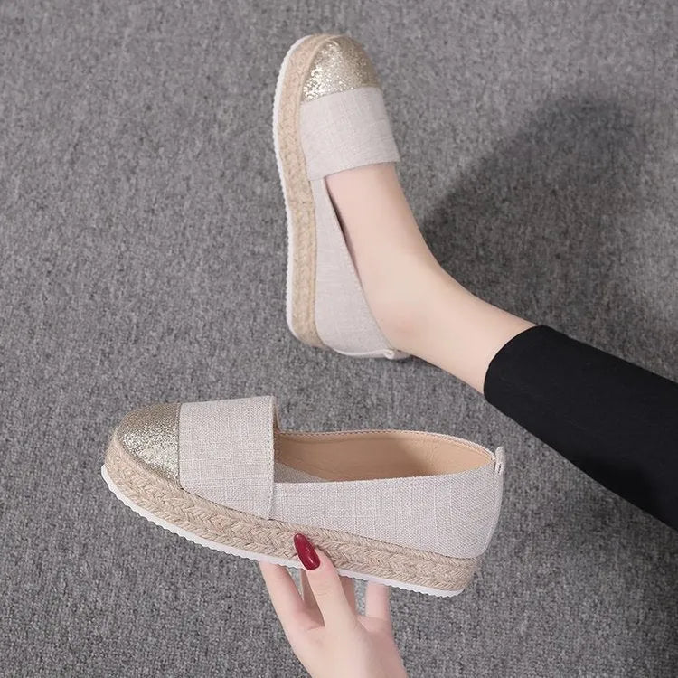 Women's plus size breathable canvas flat shoes in black, milky white and beige colours