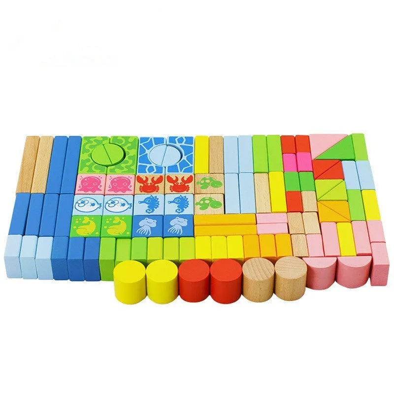 Ocean 100 puzzle blocks made of beech and maple wood in a paper tube with marine life designs
