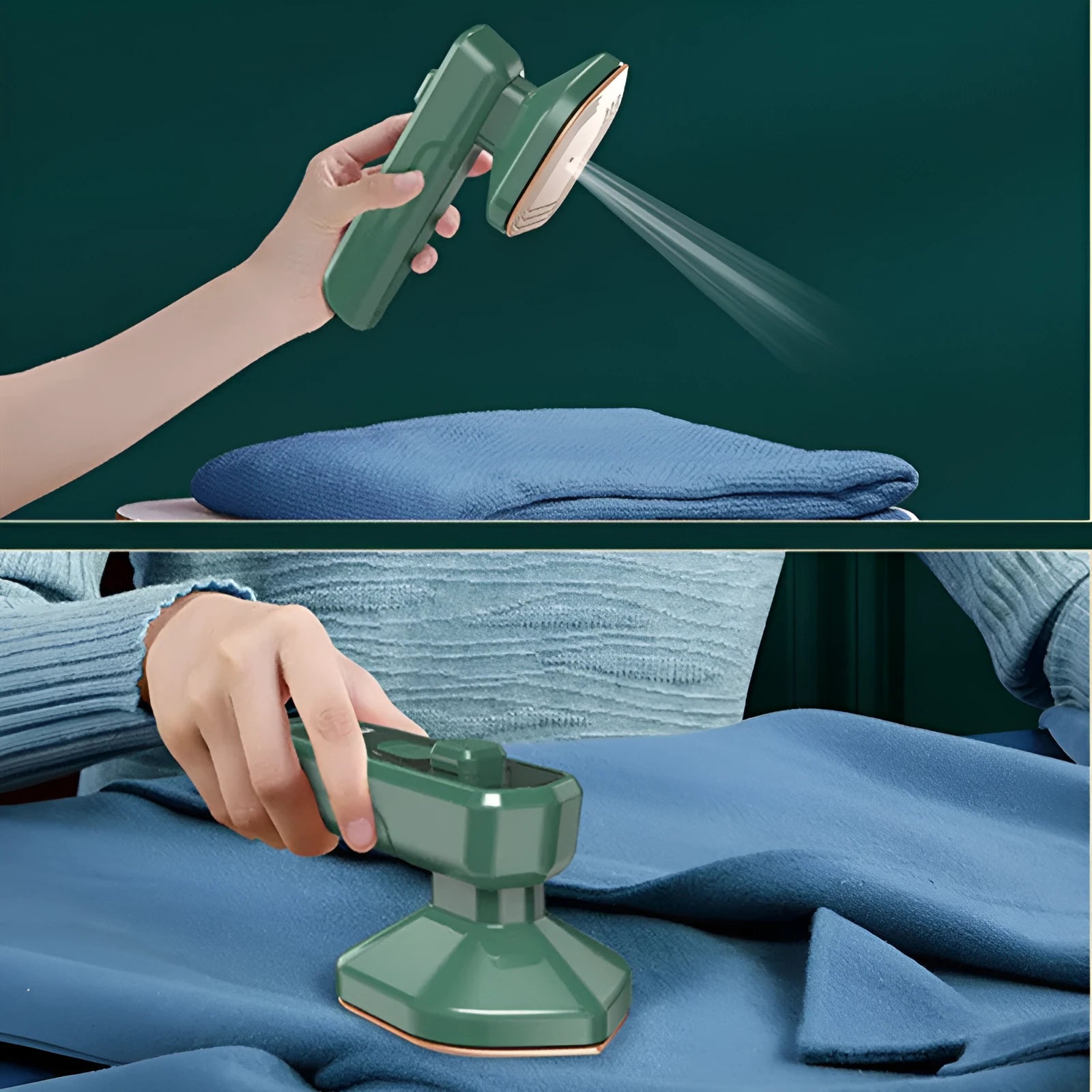 Dark green portable hanging steam iron with ceramic panel and handheld design