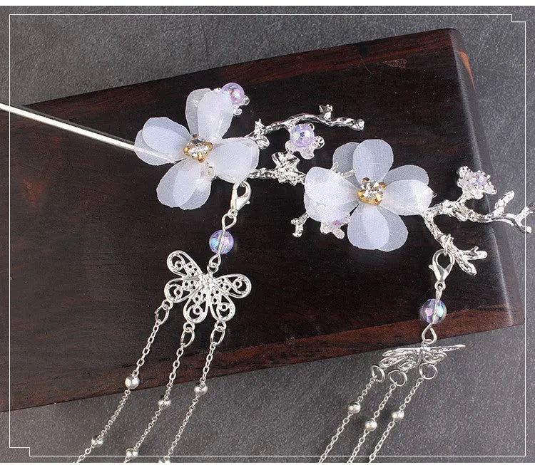 Ancient style Hanfu plum blossom branch tassel hairpin white flower drill clip gold and silver metal