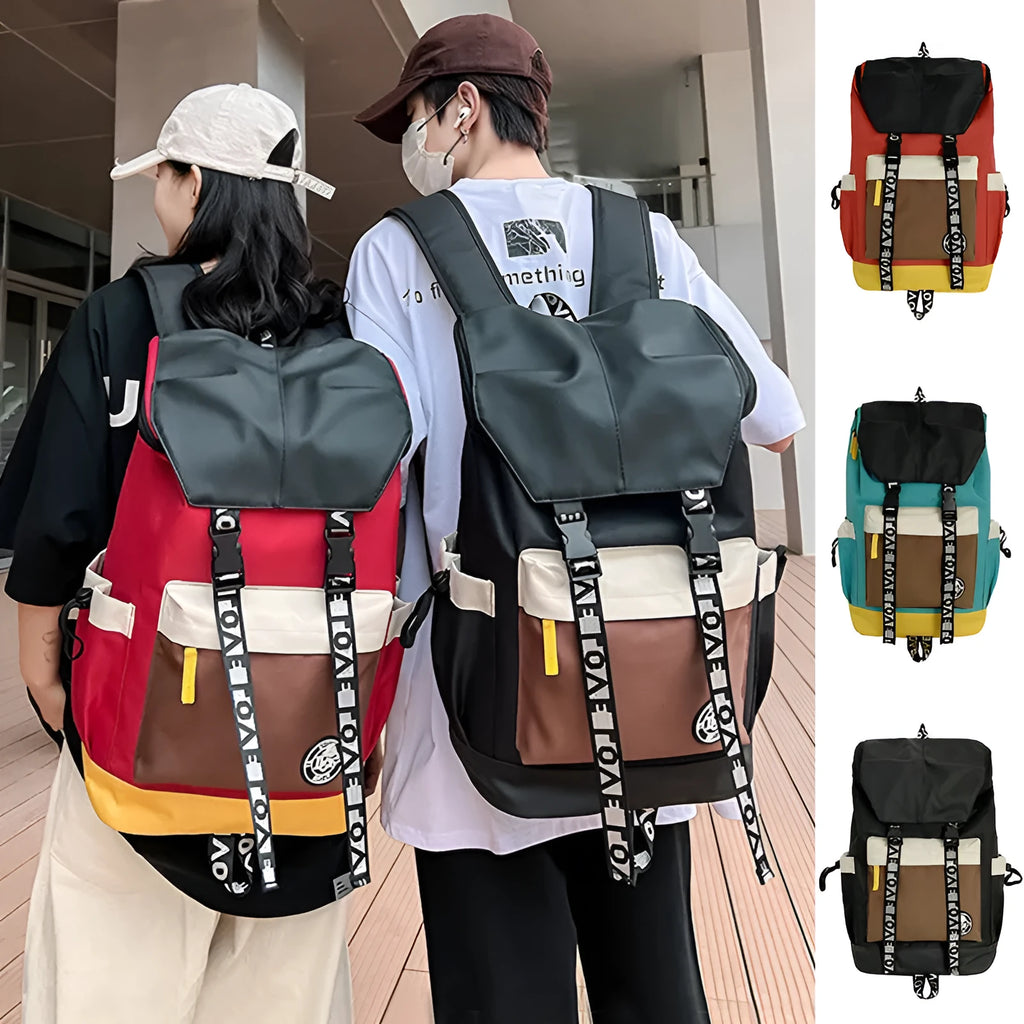 Oxford cloth backpack in black, green, or red with shoulder straps and handle