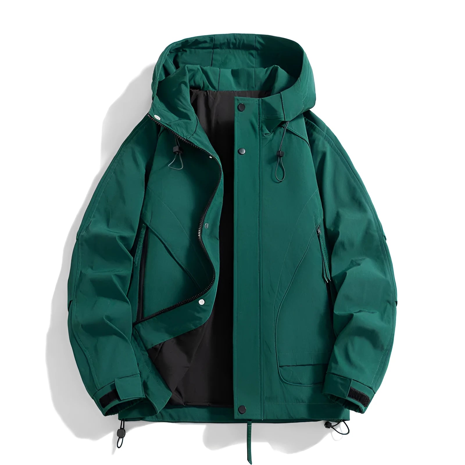 Loose fit windproof hooded jacket in black rabbit fur and modal fabric with zippered pockets.