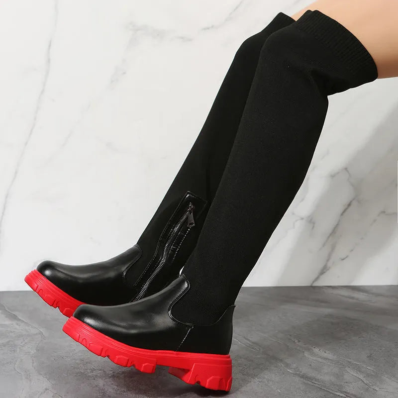 Women's knee high boots in black or red with side zipper, 3-5 cm square mid heel, artificial PU upper, and rubber sole.