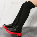 Women's knee high boots in black or red with side zipper, 3-5 cm square mid heel, artificial PU upper, and rubber sole.
