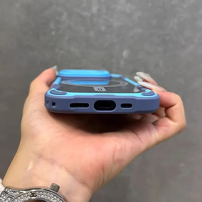 Creative bracket phone case with lens cover and four-corner airbag drop protection for iPhone 13 to 16 Pro Max