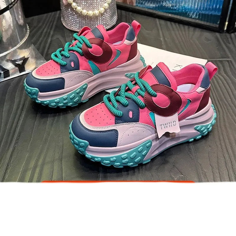 Leather sports casual shoes with thick wedge soles and round toe in multiple colour options