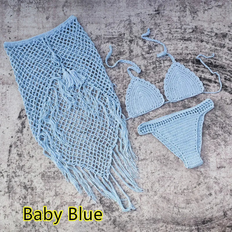 Women's handmade crochet three-piece bikini and beach skirt swimsuit set