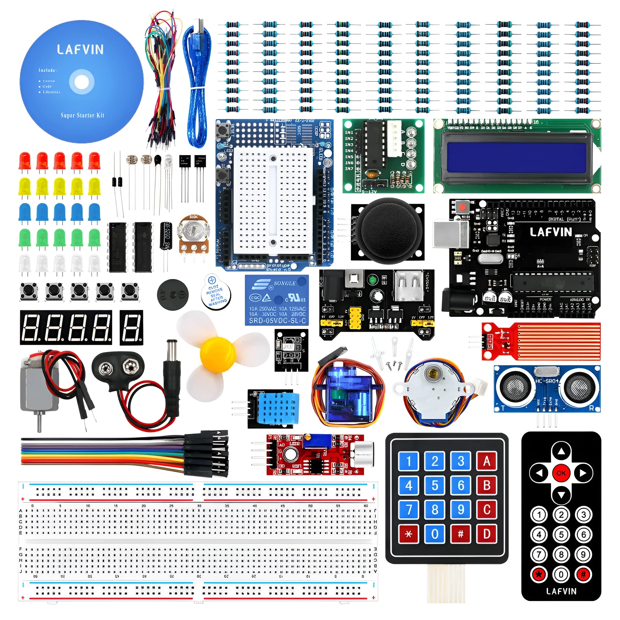 LAFVIN Arduino UNO R3 Super Starter Kit with blue controller board and electronic components