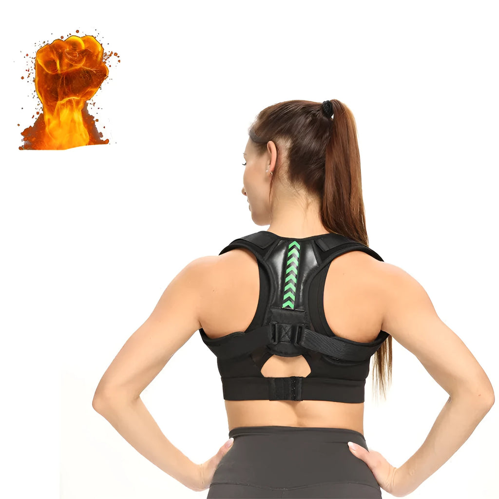 Anti camel sitting posture correction belt in black green colour showing adjustable nylon webbing straps