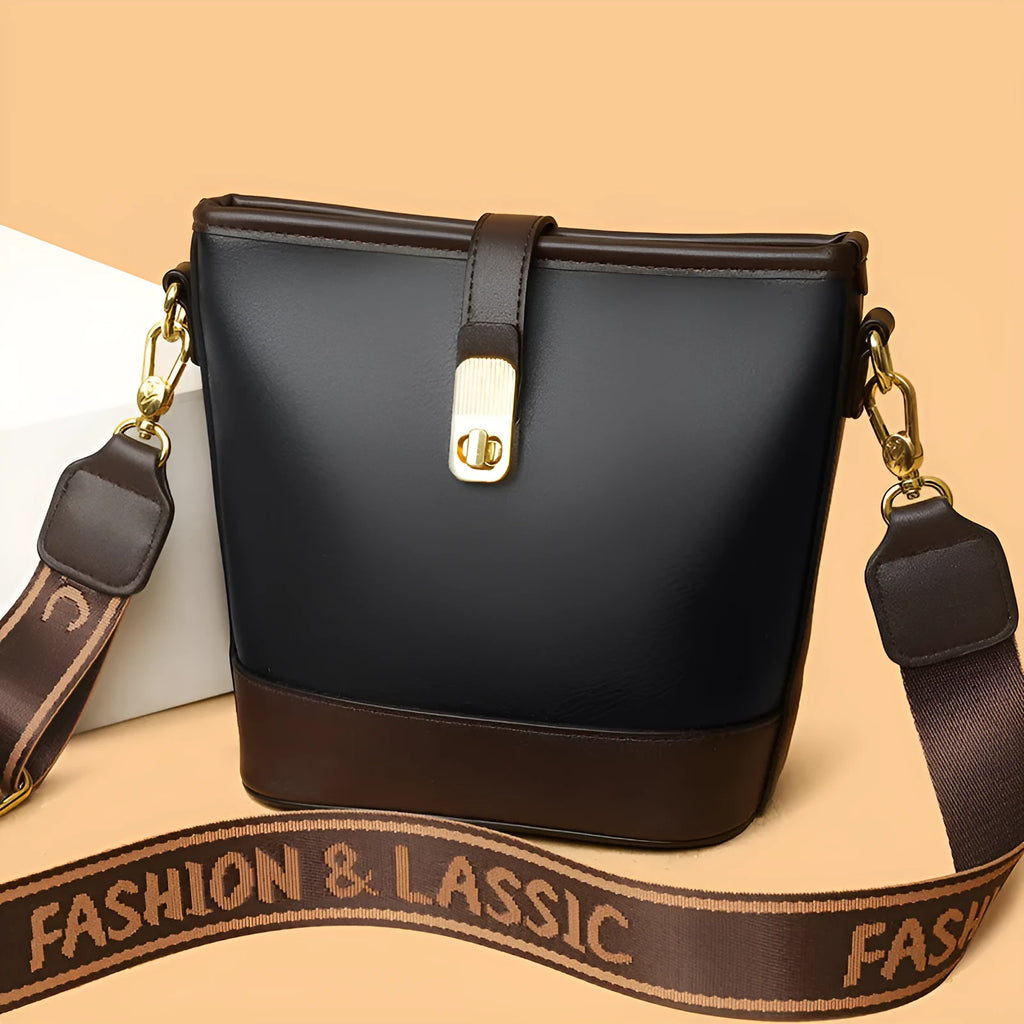 Korean-style soft PU bucket shoulder messenger bag in black colour with double straps and organised interior