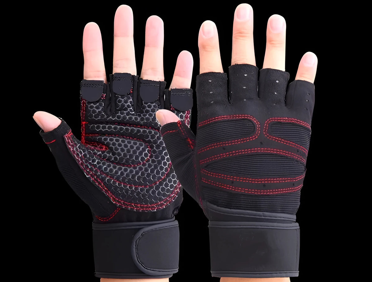 Half finger gym gloves in black fleece with elastic wrist for climbing and cycling sports