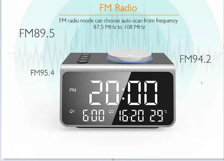 FM radio alarm clock with USB charging port, 3-inch digital display, ABS PC shell, colour box packaging