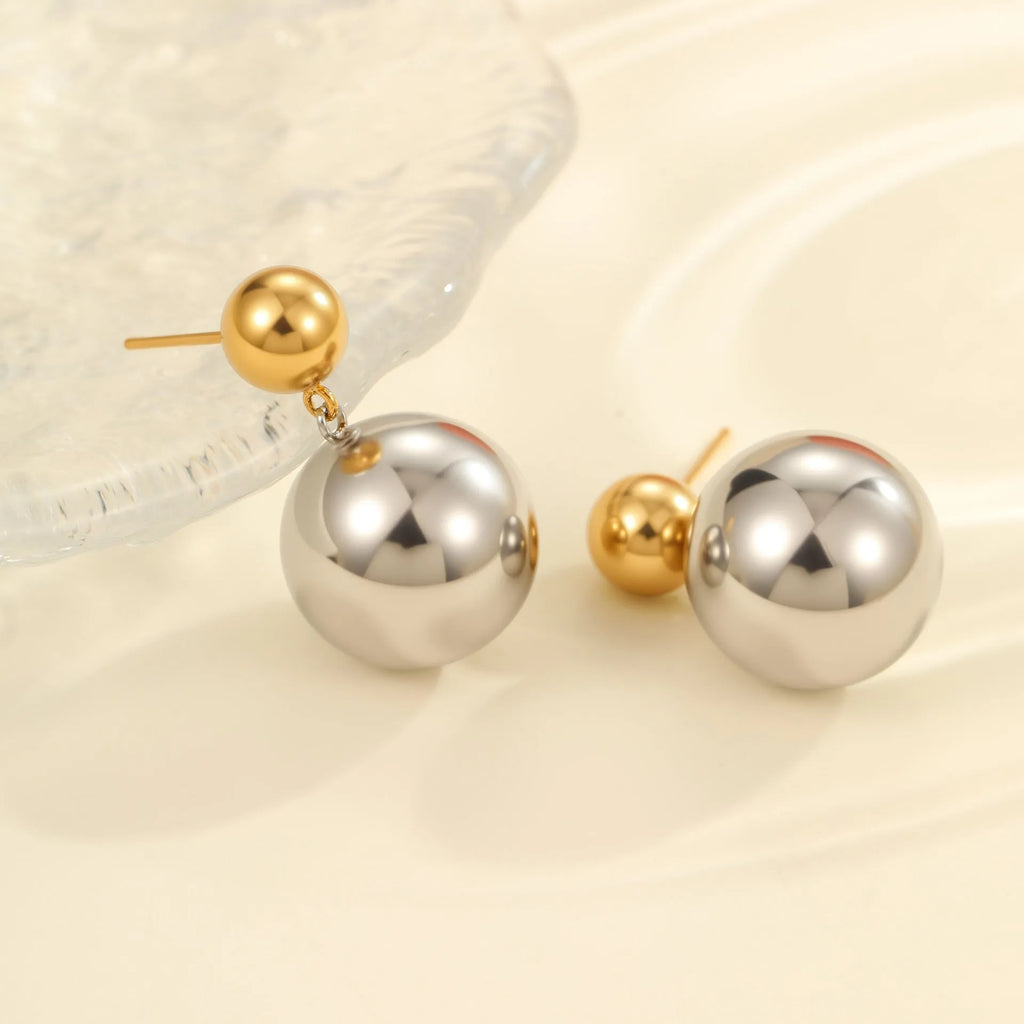 Stainless steel geometric ear studs with round bead design and colour-block electroplating