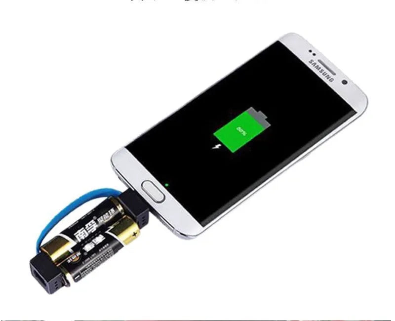 Portable emergency phone charger with 2 AA dry batteries, 17x17mm plastic shell, available in black, red and blue