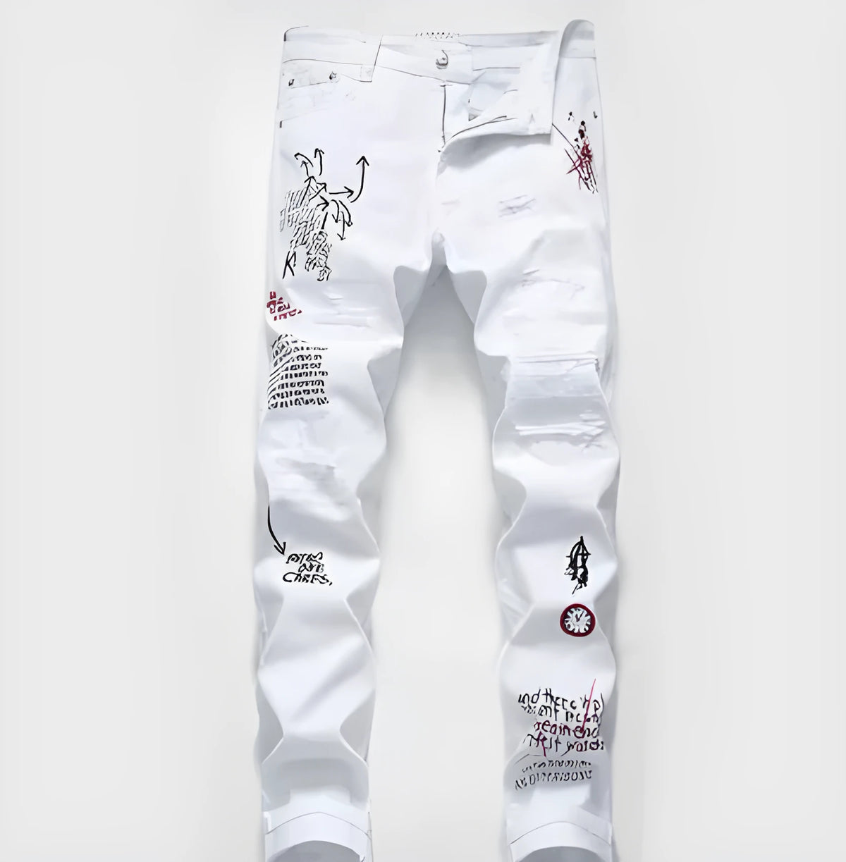 White shredded embroidery jeans in cotton denim, sizes 29-38, with ripped and embroidered details.