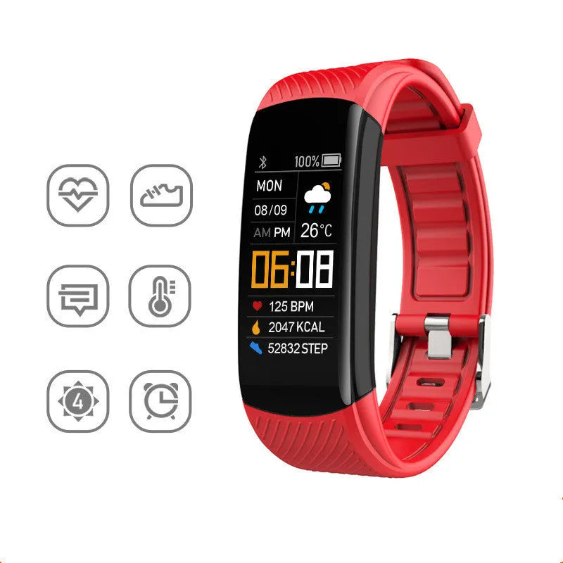 Adult sports silicone pedometer bracelet in multiple colours on wrist, showing 0.96-inch touchscreen display.
