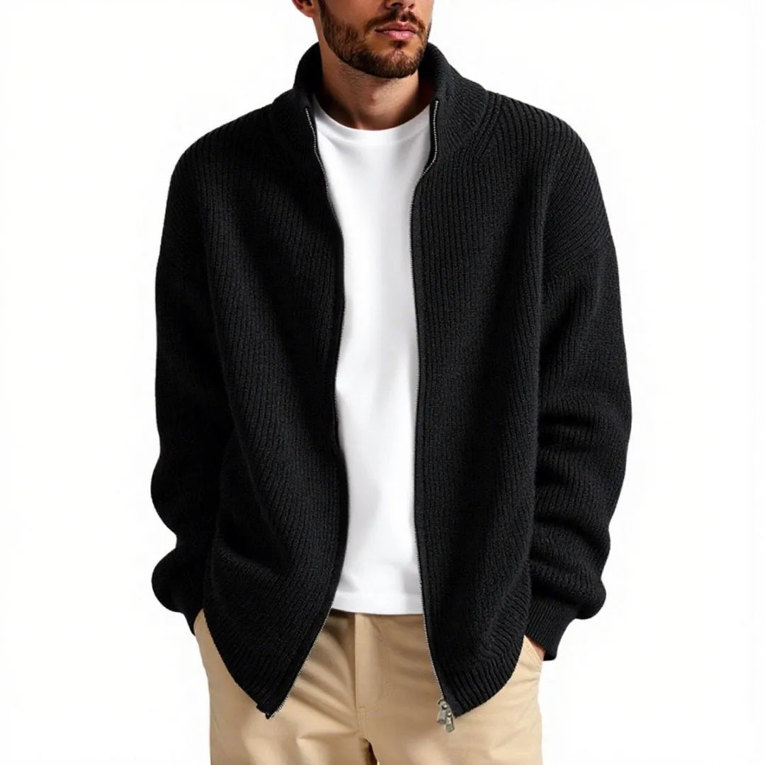 Men's loose V-neck cardigan sweater in grey colour showing casual fit