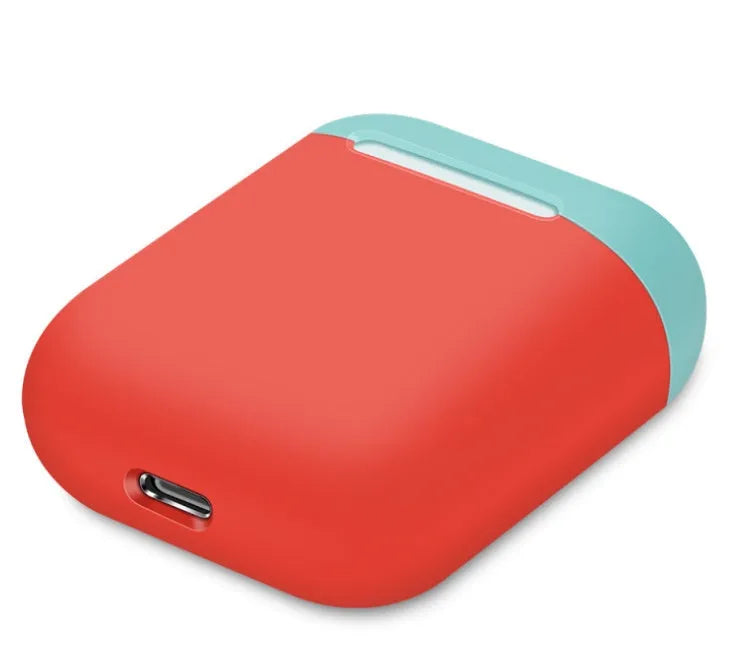 Silicone protective case cover for Apple AirPods charging box in split design, shown in multiple colour options.