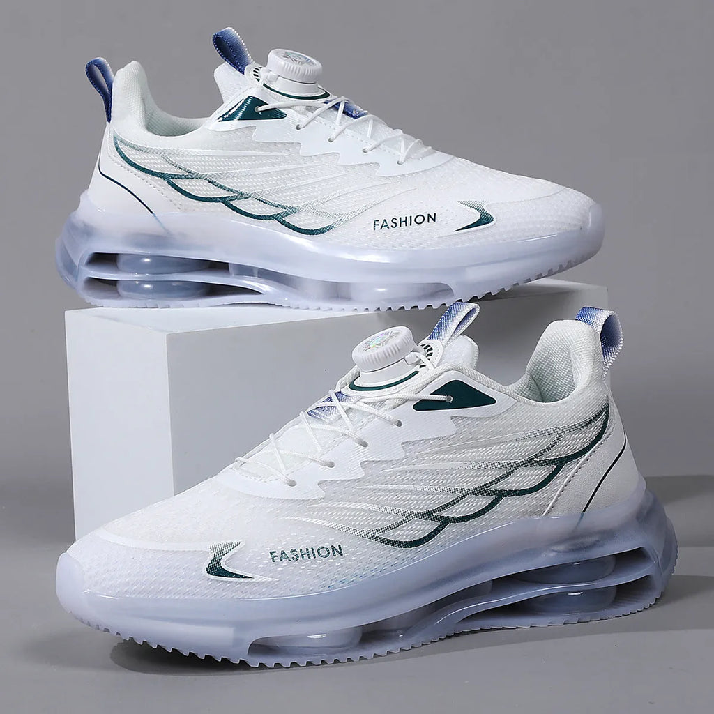 White men's casual shoes with rotating button closure and mesh upper