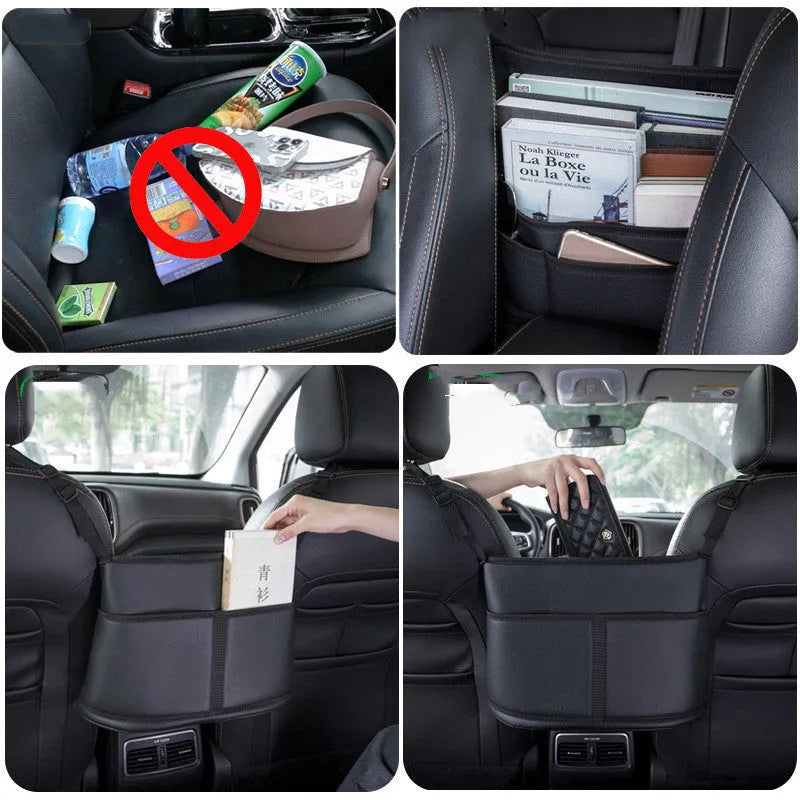 Black leather car seat gap storage organiser bag with carbon fibre pattern, shown between car seats.