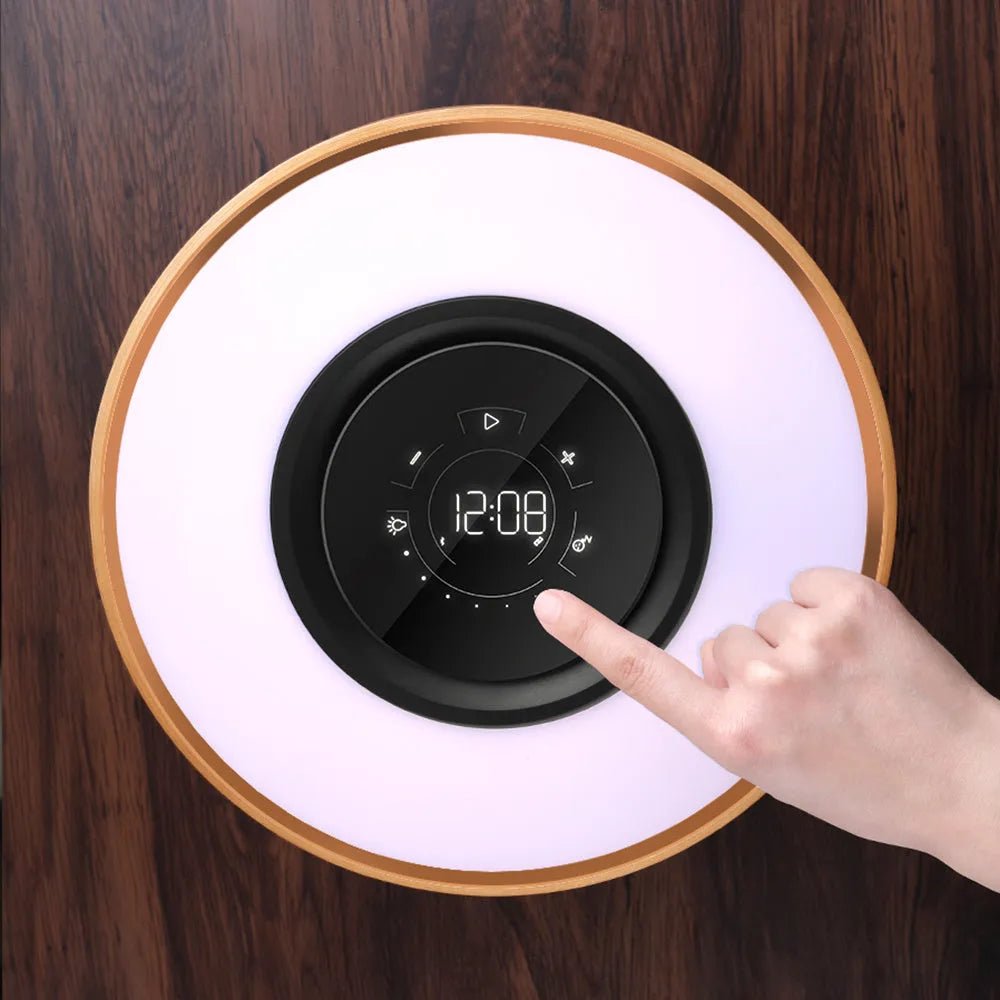 Round intelligent music Bluetooth speaker bed lamp with WiFi and wireless charging in maple brown